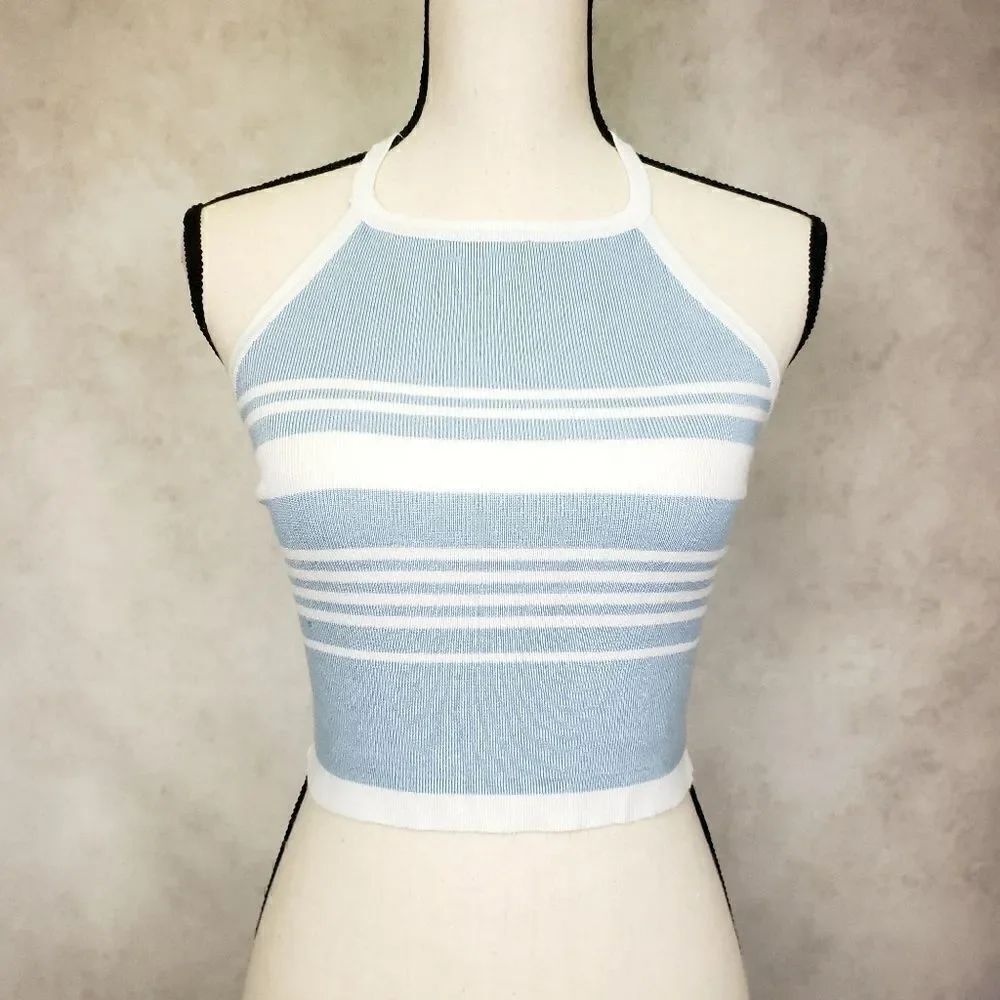 Brandy Melville blue white striped knit halter top